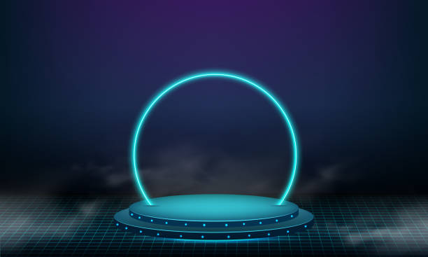 abstract technology cylinder pedestal podium. sci-fi dark empty room concept with circle glowing neon lighting. product display presentation. futuristic wall scene. - 平臺(tái)門戶 幅插畫檔、美工圖案、卡通及圖標(biāo)