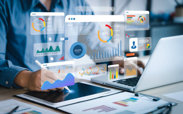 an analyst uses a computer and dashboard for data business analysis and data management system with kpi and metrics connected to the database for technology finance, operations, sales, marketing - 金融 個(gè)照片及圖片檔