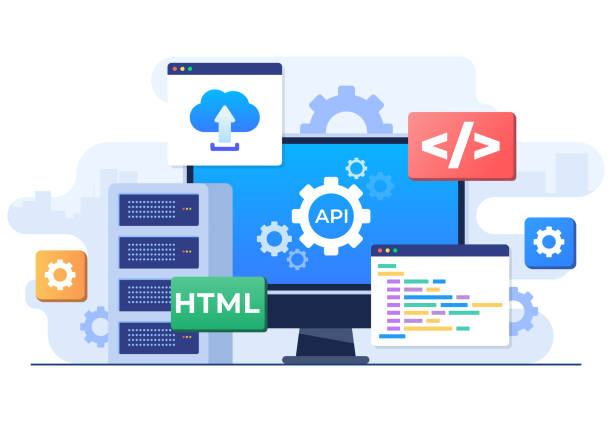 application programming interface concept, api provides the interface for communication between applications, software development tool, internet and networking, simplifying application integration - 系統(tǒng)軟件 幅插畫檔、美工圖案、卡通及圖標(biāo)