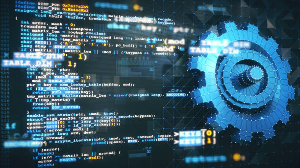 virtual reality computer design and development concept with c/c++ programming language code, computer data and a blue 3d mesh gear model blueprint. - 系統(tǒng)軟件 個照片及圖片檔