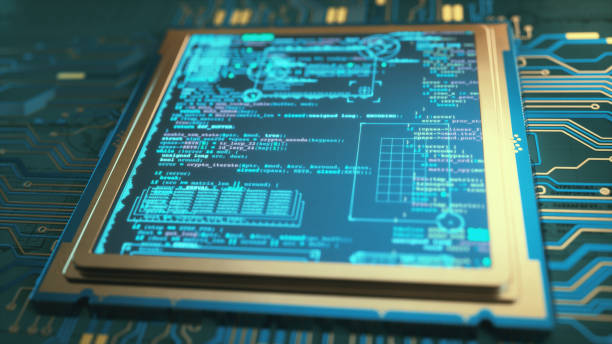 close up on a micro-processor chip and circuit design with a digital display showing programming language code and infographics. - 系統(tǒng)軟件開發(fā) 個(gè)照片及圖片檔