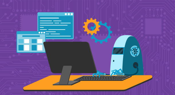 automated work of software, business project development, robot using keyboard at table - 系統(tǒng)軟件開發(fā) 幅插畫檔、美工圖案、卡通及圖標(biāo)
